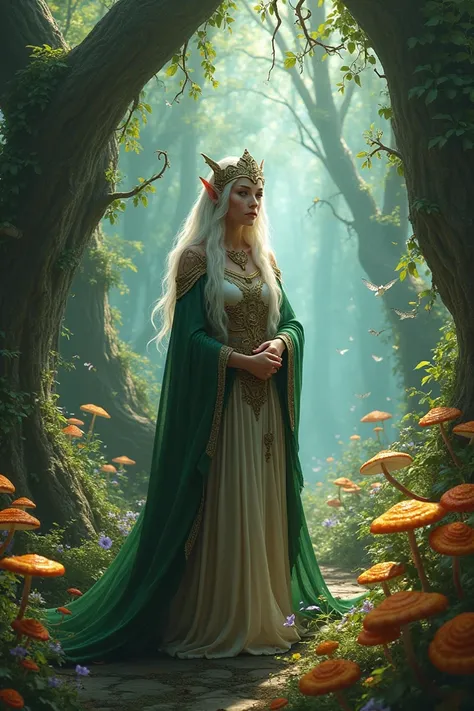 A very old elf priestess ,  in an enchanted garden in a fantasy medieval world 