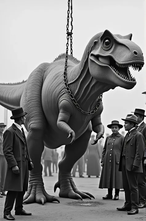 an old photo of several people next to a captured dinosaur, Dinosaur tied with chains,  Black and white photo 