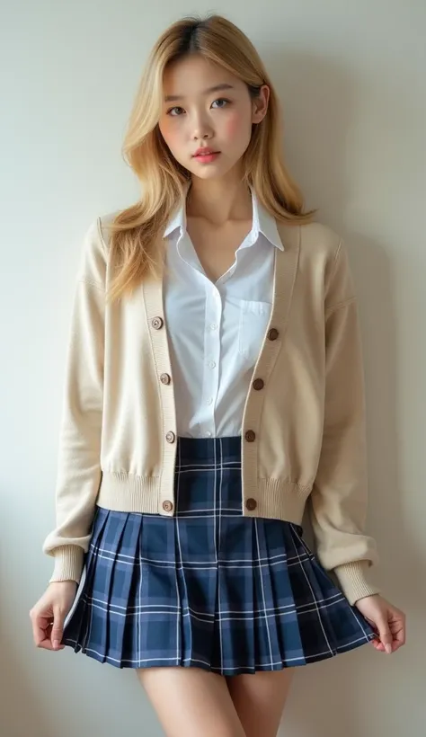 Beautiful Japanese nogizaka female, looks like famous model, school uniform, beige cardigan with button-up,deep v-neck collared-shirt, open button shirt, long sleeves, blue plaid pattern pleated skirt, mini skirt,(gigantic breasts), cleavage,blonde hair, 