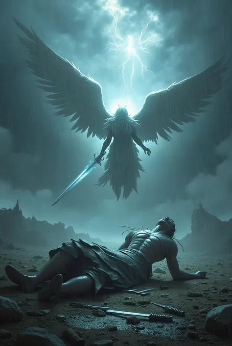 Skies are dark and wet, rain with storms
Fallen angels warriors are on the ground defeated after they fighted with archangels warriors who are in the sky and watch over 