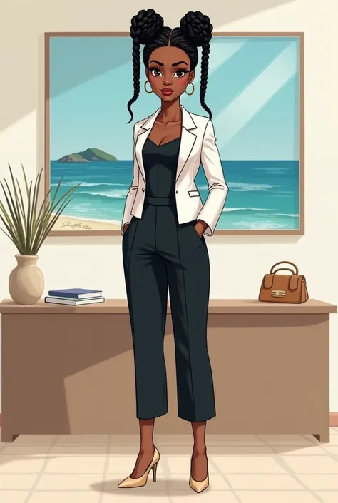 Create a drawing of a 30-year-old black woman, she is at the office ,  in front of a panel with a picture of the sea ,  wearing a sleeveless dress jumpsuit , of black color,  with a white blazer with some delicate blue flower designs ,  beige high heels an...