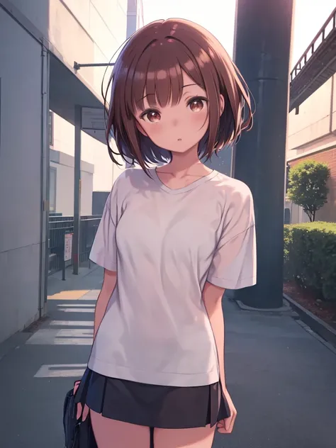 Megumi Kato,  brown hair , Brown Eyes ,  Shorthair,  standing, ( upper body:1.1), close-up,  small breasts, ( red eyeliner:1.2), black miniskirt , white pink shirt, Thighs, ( High Quality ,  high definition , 最 High Quality :1.2), 4K,  1 girl, Detailed bac...