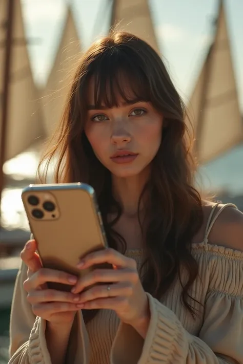   with big brown hair with a straight fringe, Shadow fine sails ,  with a beautiful body and a 15-year-old iPhone 11 in her hand  