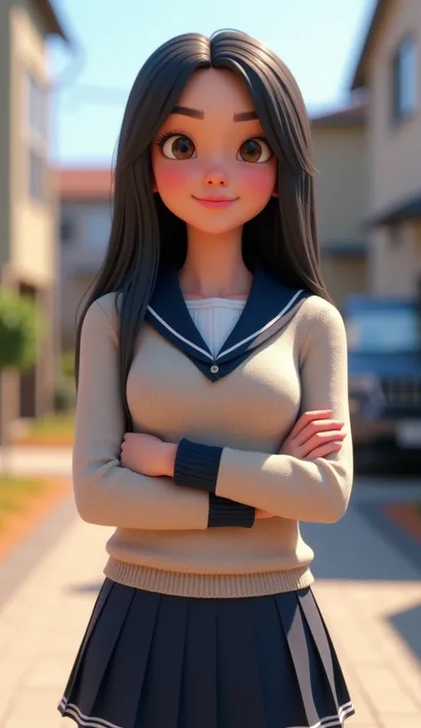 Create a 3D realistic image with 9:16 aspect ratio depicting a close-up of a stylized animated character, a young woman with has long dark hair. She is wearing wearing sweaters with structured collars., The tops include dark trim accents around the cuffs a...