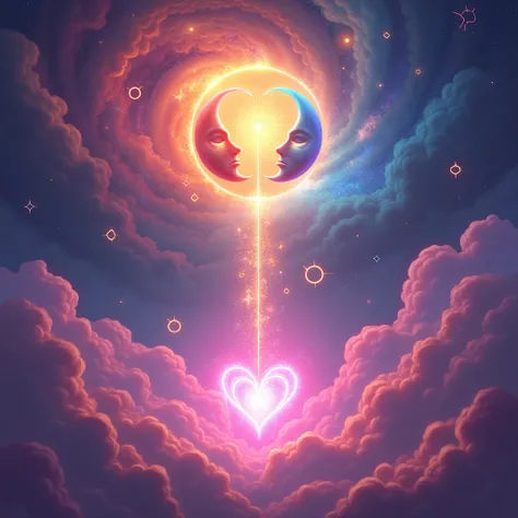 " A magical galaxy with vibrant colors and bright stars. With a luminous heart below, sending pink rays to the Moon and the Sun that are together in the center