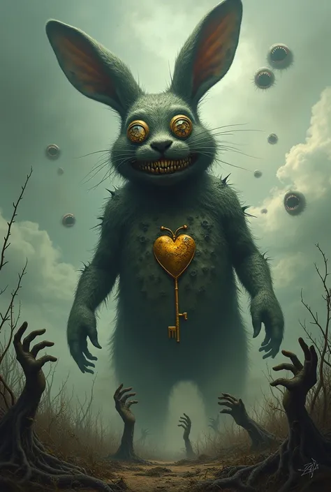  It creates a terrifying and surreal image where a giant rabbit with the eyes of broken watches and teeth of rusty keys emerges from a field of thorns that seem to scream.  His body is made of the skin of patches of shadows ,  and his visible heart beats l...