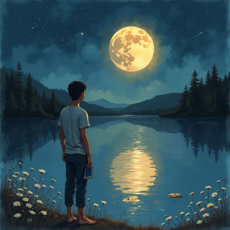 "A stylized drawing of a young man standing near a tranquil lake at night under a starry sky. He is seen from the back, holding a worn-out photograph in one hand. The lake reflects a blurred silhouette of a person looking at him, symbolizing an eternal, un...