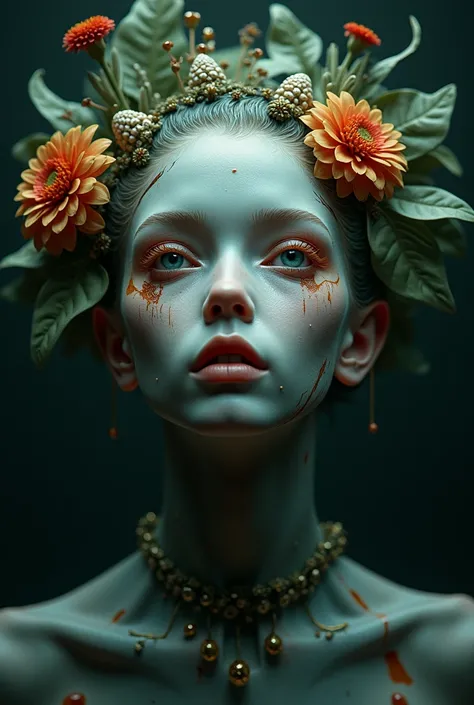 Surrealistic portrait: Create a portrait of a character by mixing realistic and surreal elements. For example,  You can combine the human face with animal elements, plants or inanimate objects .Frontfocus), ( in the dark:1.6), portrait, Fantasy Art,  reali...