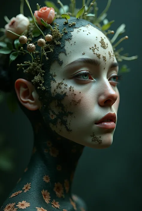 Surrealistic portrait: Create a portrait of a character by mixing realistic and surreal elements. For example,  You can combine the human face with animal elements, plants or inanimate objects .Frontfocus), ( in the dark:1.6), portrait, Fantasy Art,  reali...