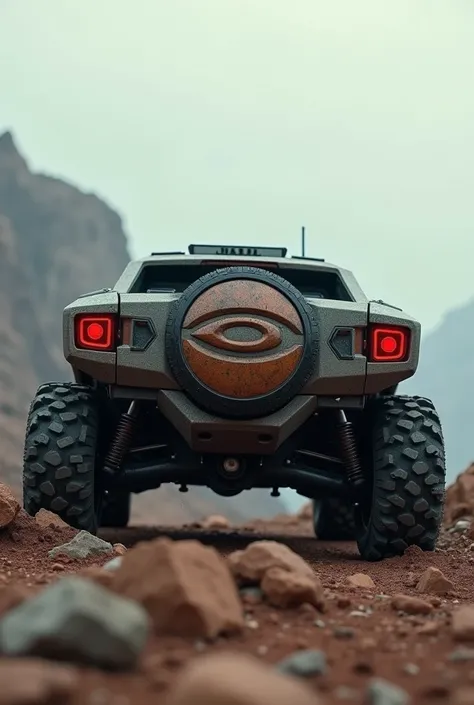 An all-terrain car with the Halo logo representing a circle,rear view 