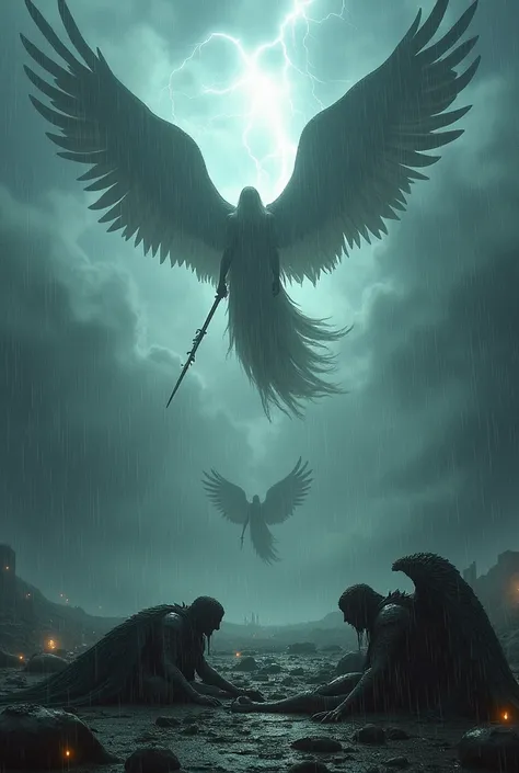 Skies are dark and wet, rain with storms
Fallen angels warriors are on the ground defeated after they fighted with archangels warriors who are in the sky and watch over 