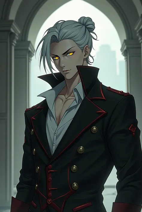  Draw for me a man , A young adult, A vampire in an anime version ,  he has white hair that is partially tied, gray skin,  Victorian clothes mixed with Greek clothes, He has a muscular body and yellow eyes 