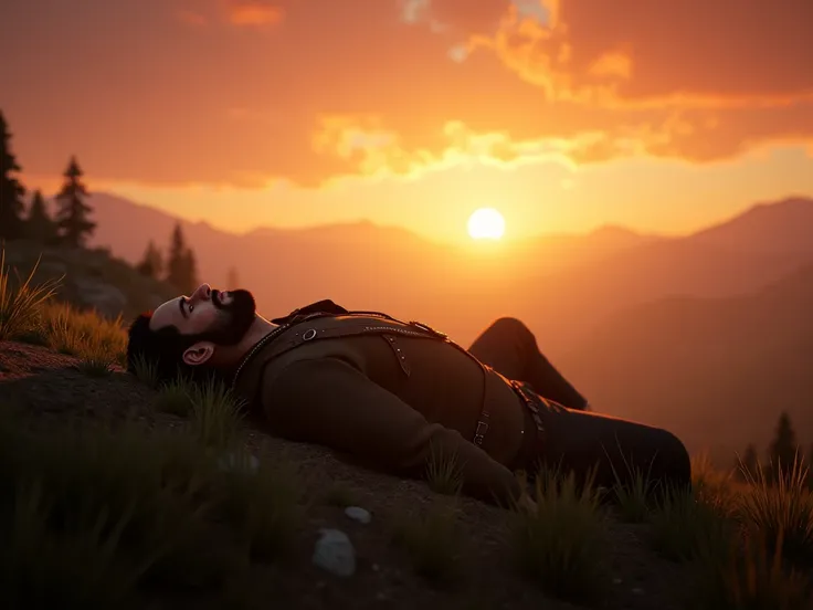 Arthur morgan is beardless , he is laying unconsciously down on a mound , and he is looking at the sunrise