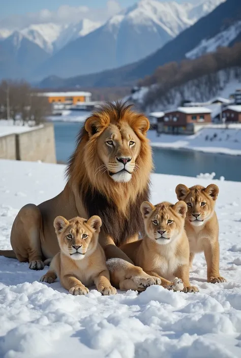 A family of lions in the snow on the current Bregenz Festival stage