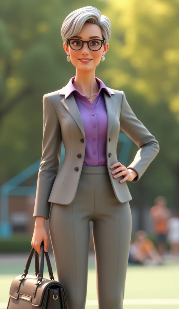 Create a 3D realistic image with 9:16 aspect ratio depicting  a middle-aged woman standing outdoors, likely on a playground or sports field, as suggested by the blurred background. She has short, gray hair and wears glasses with a professional, confident d...