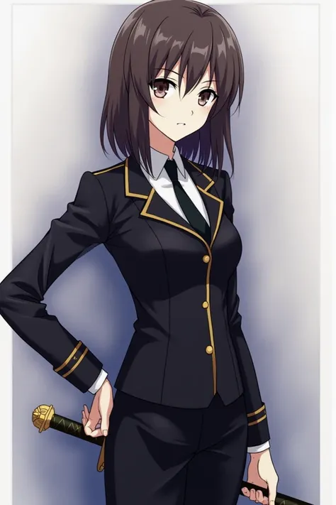 Create me a picture of the anime character Alpha from Eminece in Shadows I want her to stand sideways but still look at me she should wear her uniform and have a serious look in the face and she should also hold her sword