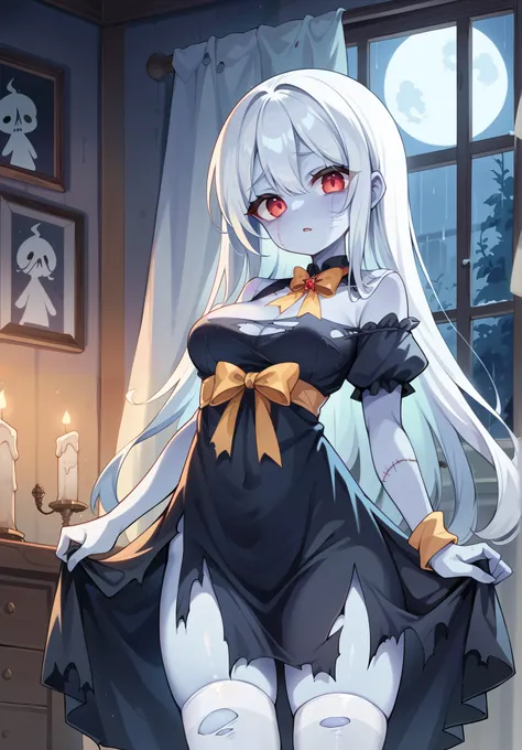 zombie girl, undead, light blue skin, body stitches, white hair, red eyes, torn white stockings, torn up dress, golden ribbons, spooky mansion, bedroom, standing by the window, raining outside, candles, night time,