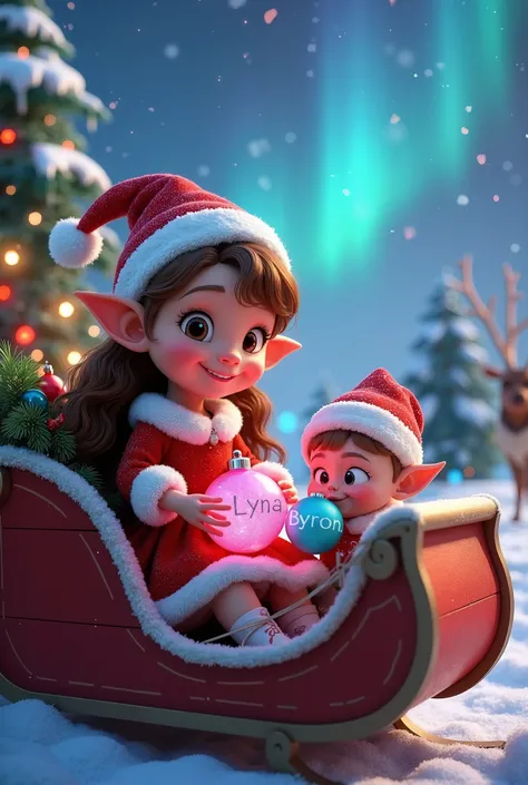 image UHDR 64K style animation lutin farceur fille de Noël de 6 ans avec de grandes oreilles pointues longs cheveux châtains légèrement bouclés vêtue dune jolie robe de Noël avec jn bonnet de lutin elle tient dans ses mains une jolie boule brillante rose c...