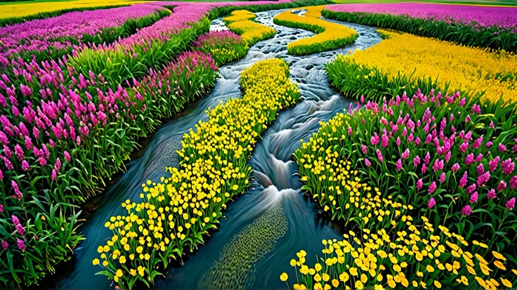 Images of rivers flowing amidst a field full of flowers that magically bloom as the camera moves, in a tropical country