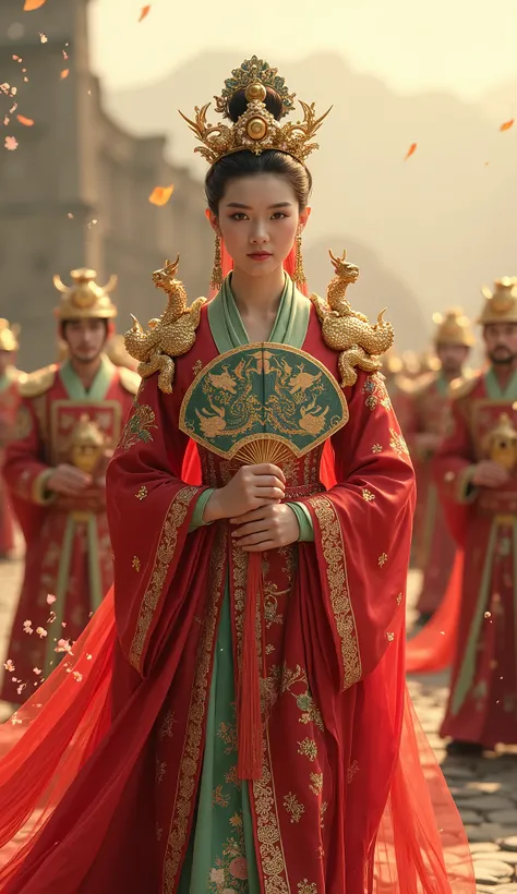 Imagine a majestic queen representing China, radiating elegance and cultural strength in every detail of her presence. Her crown is a work of art, decorated with green jade and pearls, referring to the richness of Chinese tradition. She is adorned with int...