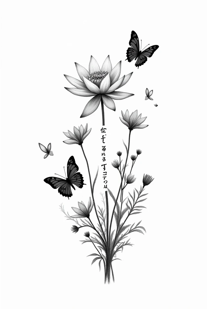 Create me a realistic tattoos sketch, with wildflowers, one main flower being a water lily, In the stem of the flower saying “I see her in the back of my mind all the time”in English, the lyric to be cursive. I want the lyric to be on the stem but visible,...