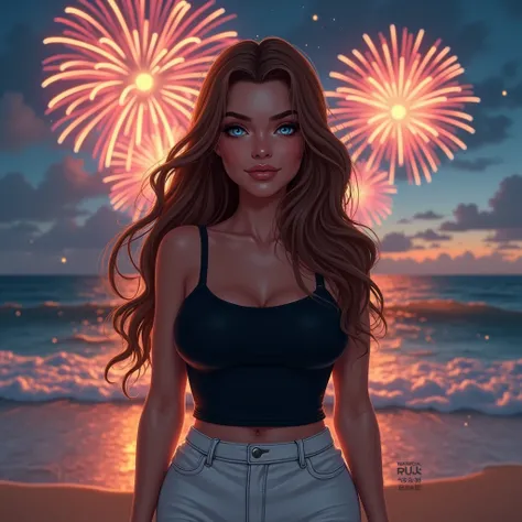  creates a realistic image of a beautiful full shape Swedish girl with brown hair with reflections , gli occhi cerulei, wear a black top and white pants .  background a beach with fireworks 