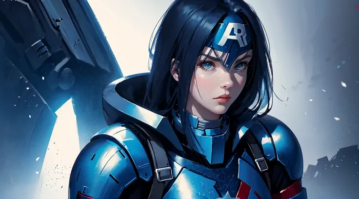 Hero, movie character : captain America,female version,1 girl, armored suit, design clothing, white black and dark blue color combination clothes, graffity background posted, lether boots, high resolution 8k image, 7 stars on his costume, portrait, high re...