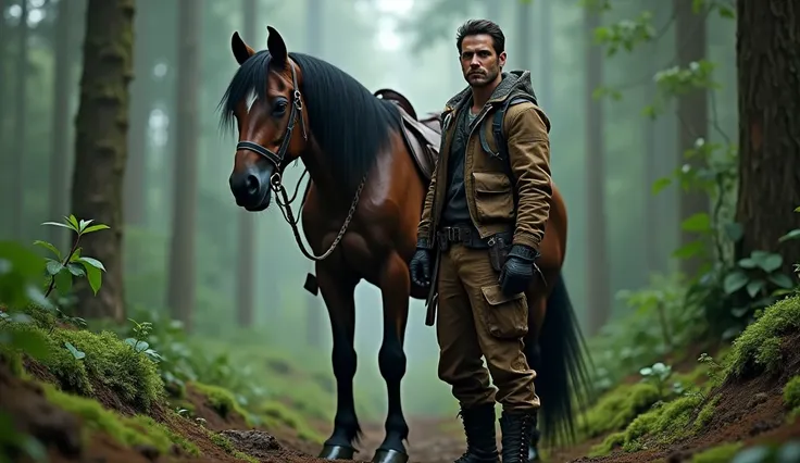 image of a man, dressed in hunter clothes from the game Tomb Raider, in the forest, and next to him a horse, cinematic, hyperrealistic, 8k