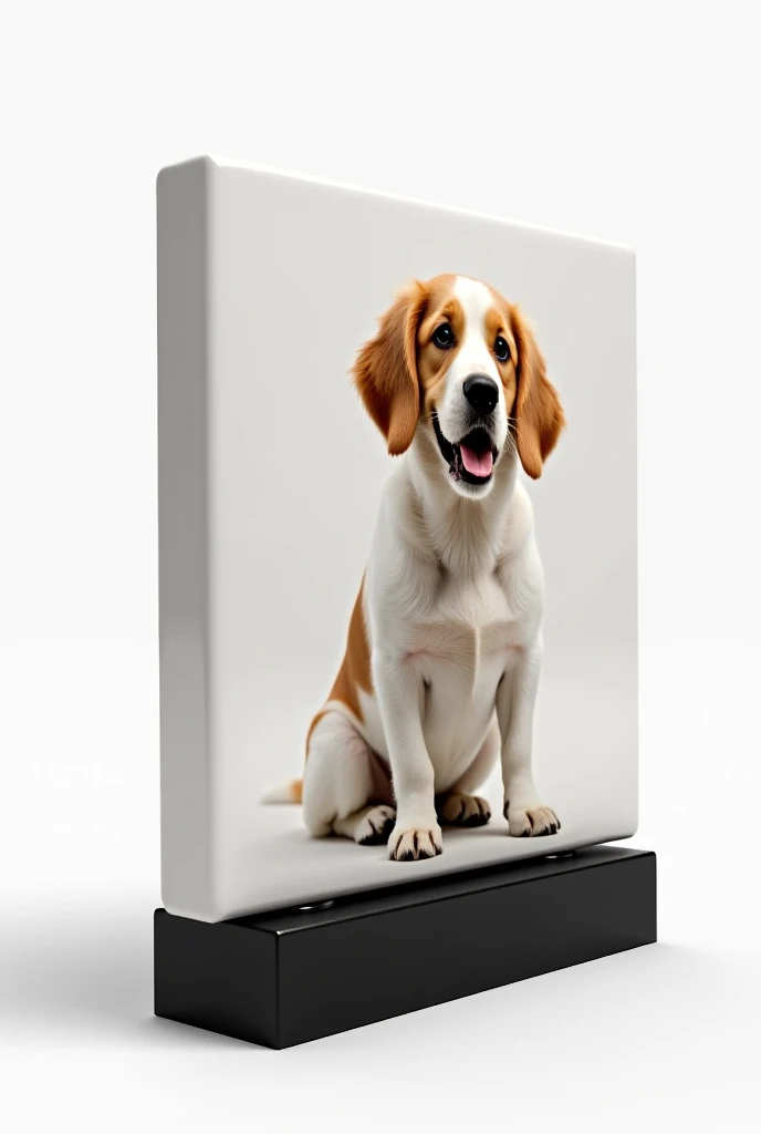  A square-shaped decorative tile , supported by a black support . On the tile ,  an elegant picture of a dog standing , with white or transparent background .  The dog is in a friendly and confident pose,  with crisp fur details and cheerful expression .  ...