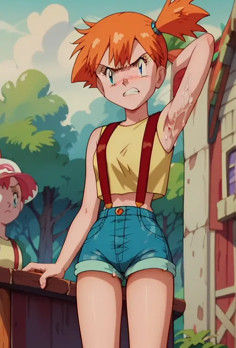 Anime screencap, score 9, score_8_up, score_7_up, scorw_6_up, source anime, 1 girl, misty (pokemon), armpitjob, cum on armpit, side ponytail, yellow tank top, suspenders, denim shorts, angry_expression, (thin_waist), (flat_chest)