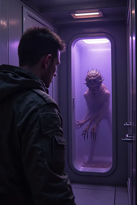 1940s, a close up of a scared soldier in a sci fi corridor looking at a water canister with a sleeping mutated alien in it (((( very dimmed purple lights ))))