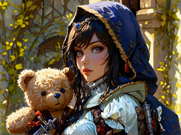 Medieval Western female swordsman and teddy bear