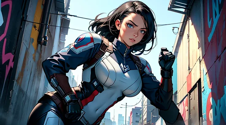 "Female version of Captain America as a heroic movie character, featuring a young woman in a sleek, futuristic armored suit. The outfit has a stylish design with a white, black, and dark blue color combination, adorned with 7 stars integrated into the cost...