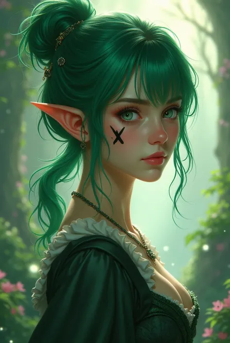 A beautiful girl from a medieval fantasy universe with green hair tied up having three consecutive xs on her cheek 