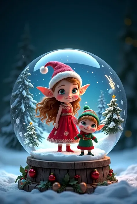 Image UHDR 64K 3D dune boule à neige en cristal transparent il y a un magnifique paysage de Noël en Laponie. Une fille lutin de 6 ans avec de longs cheveux châtains légèrement bouclés de grandes oreilles pointues vêtue dune jolie robe de Noël avec un bonne...