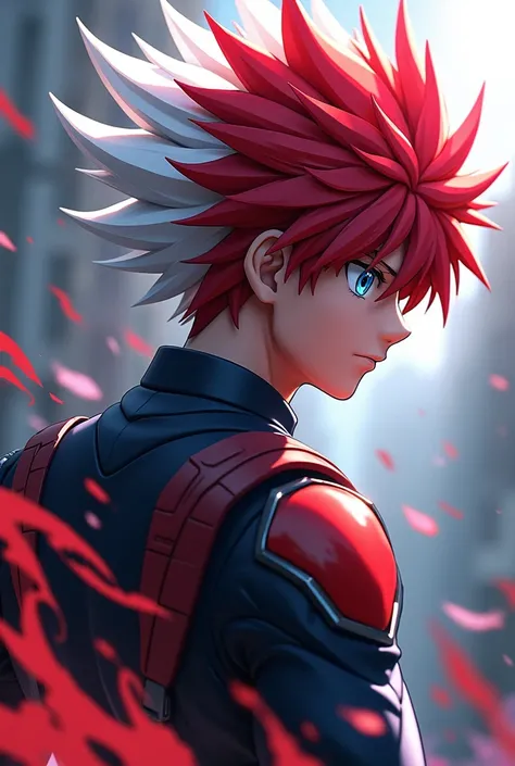 Hello, I need detailed anime-style 3D art made from the profile of the character Todoroki from the anime Boku no Hero made by artificial intelligence without cropping the characters image and I need the character to be in an action scene without taking awa...