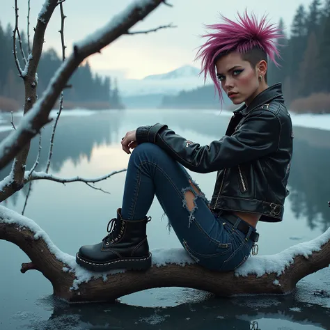 Punk girl 17 ,  on a frozen lake on a branch that is trapped in ice, 4D4D effect , octane render lor , 4HD