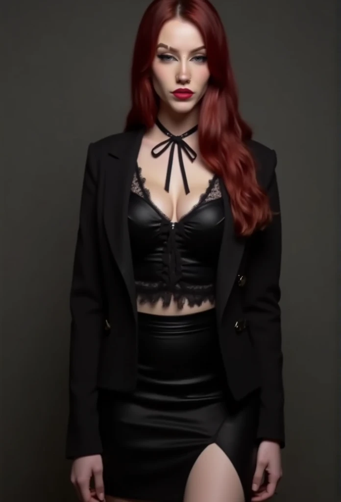 (absurdres, highres, ultra detailed), masterpiece, Sophie Turner as ada wong (resident evil), ((solo)), long red hair, 1girl, skirt suit, tuxedo, black jacket, waistcoat, black bowtie, bodycon skirt, black clothing, miniskirt, closed mouth, standing, (((de...