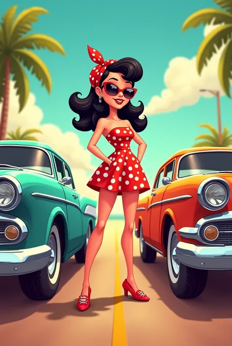 Create a logo for a cardgame called RODAS & Glamour,  which is about classic car races and retro Pinup parades
Cartoon format
Put on polka dot dress,  sunglasses, Headscarf and her between two cars 

Enter the name of the game