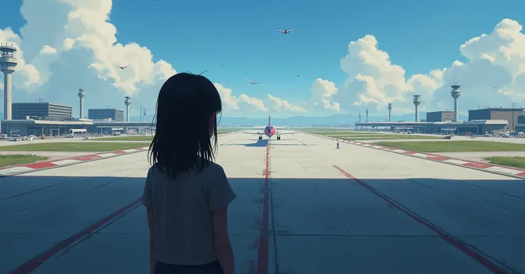 Girl with her back looking at a medium-plane airplane runway 