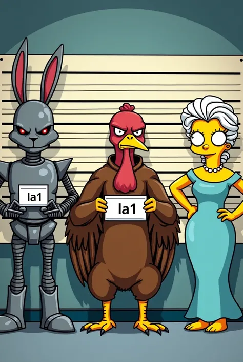 L’image utilisera un dessin semblable au style des simpson. La scène se passe dans un commissariat de police, dans la pièce où a lieu l’identification des suspects. Les suspects, qui sont alignés pour être identifiés, sont un robot lapin, un chihuahua, une...