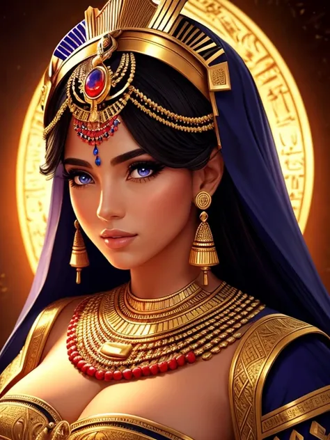 beautiful busty Egyptian priestess, 1girl, gorgeous detailed face, beautiful detailed eyes, beautiful detailed lips, long eyelashes, intricate ornate headdress, ceremonial robes, golden jewelry, elegant pose, dramatic lighting, dramatic shadows, cinematic ...