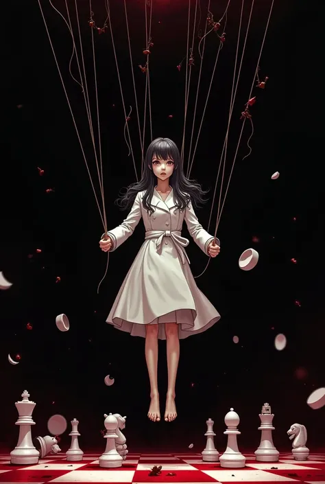 black background with fire.  Girl in a white coat and black hair in the middle being held by strings like a puppet hanging from them, That your hands are tied by the ilos and your neck. Showing an expression of desperation. Chess-style flat,  with chess pi...