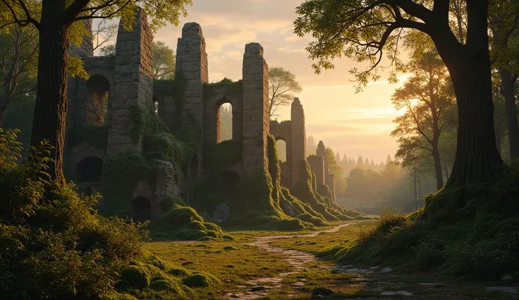 ruined pagan fortress in the forest at sunset 