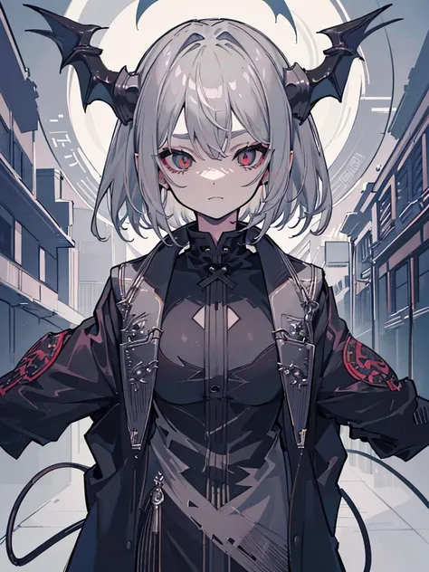 (masterpiece,  best quality,  ultra high resolution),1 Female,Gray Hair, Shorthair,(( demon girl 👹)),((How Bols Look )),( black jacket ),Beautifully detailed face,  detail eyes,  stare at the viewer standing in a dark room,(Gray Theme),In the park,  knight...