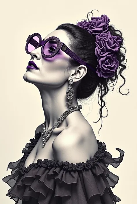  Create me a drawing of the singer Pastora Pavón ,  “the girl with the combs” showing certain characteristics that make her recognizable and put her in a flamenco pose. She has to wear purple glasses . the drawing should be similar to the style of an engra...