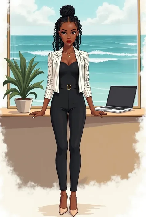 Create a drawing of a 30-year-old black woman, she is at the office ,  in front of a panel with a picture of the sea ,  wearing a sleeveless dress jumpsuit , of black color, with a white cropped blazer with thin black stripes,  beige high heels and hair ti...