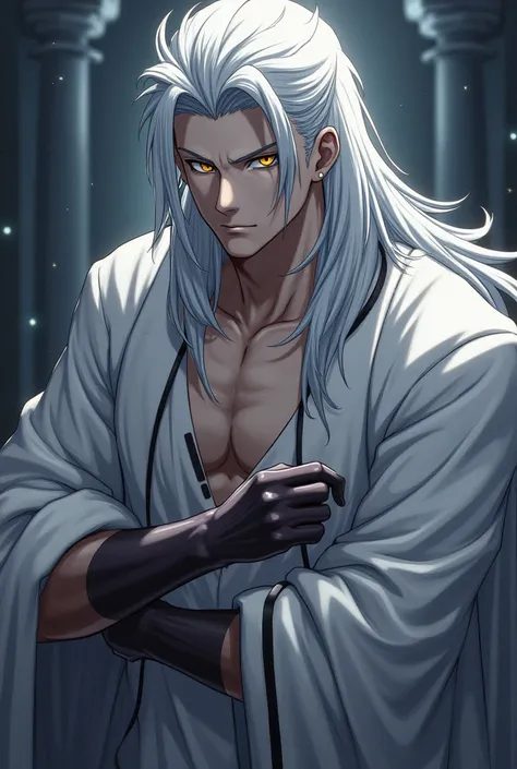  Draw for me a man , A vampire in an anime version , he has long white hair ,  he has slightly GRAYISH colored skin, Greek clothes mixed with white clothes, He has a muscular body and yellow eyes ,  he also has black veins coming out of his wrists.