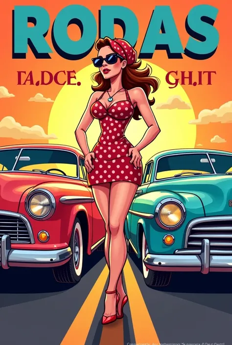 Create a logo for a cardgame called RODAS & Glamour,  which is about classic car races and retro Pinup parades
Cartoon format
Put on polka dot dress,  sunglasses, Scarf around the head and her between two cars  