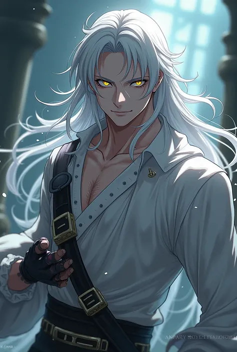  Draw for me a man , A vampire in an anime version , he has long white hair ,  he has slightly GRAYISH colored skin, Greek clothes mixed with white clothes, He has a muscular body and yellow eyes ,  he also has black veins coming out of his wrists.